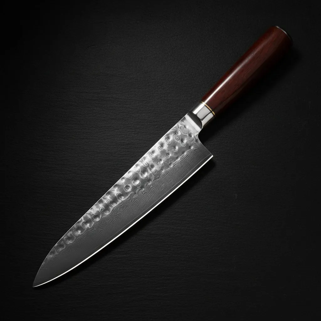 Couteau gyuto Yaiba 20 cm, lame en acier damassé martelé, manche en bois rouge sombre