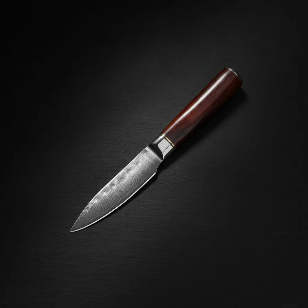 Couteau d'office Yaiba 9 cm, lame en acier damassé martelé, manche en bois rouge sombre